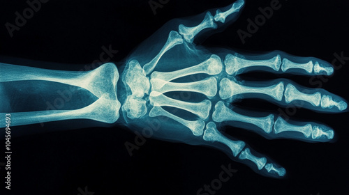 An X-ray image of a hand, showing bones and joints in clear detail