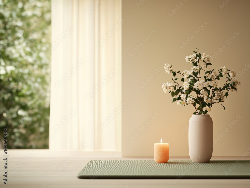 serene spa room with meditation mat, calming candle, and vase of fresh flowers creates peaceful atmosphere for relaxation and mindfulness serene spa room with meditation mat, calming candle, and vase of fresh flowers creates peaceful atmosphere for relaxation and mindfulness