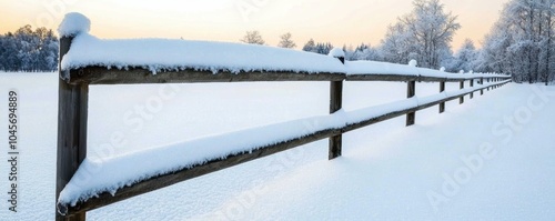 A serene winter landscape snow-covered fence against a tranquil frozen field at dusk