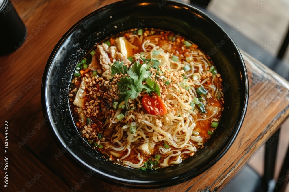 A steaming bowl of spicy noodle soup features vibrant noodles, fresh herbs, and crushed peanuts, inviting warmth and flavor in a wooden dining environment A steaming bowl of spicy noodle soup features vibrant noodles, fresh herbs, and crushed peanuts, inviting warmth and flavor in a wooden dining environment