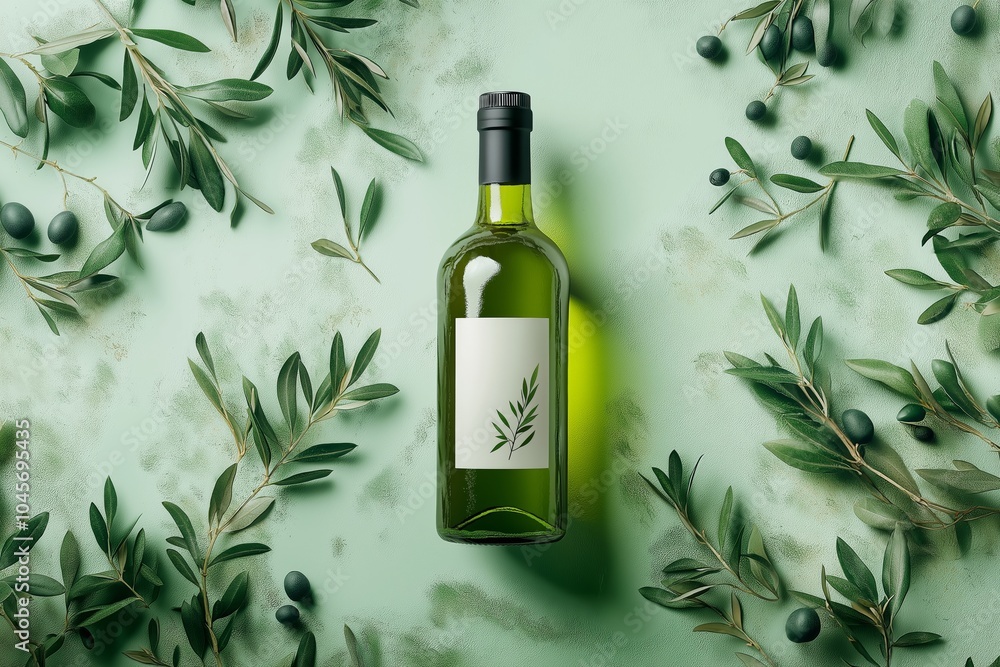 Mockup Bottle of olive oil with olives on green background. 3d rendering Mockup Bottle of olive oil with olives on green background. 3d rendering