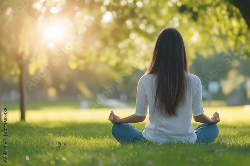 Woman meditating outdoors in a peaceful natural setting with sunlight filtering through trees, perfect for mindfulness, wellness, and meditation-themed designs and content. photo