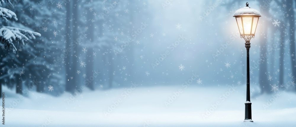 A serene winter landscape featuring a snowy path and illuminated lamp post in a tranquil forest setting with falling snowflakes creating a dreamy atmosphere A serene winter landscape featuring a snowy path and illuminated lamp post in a tranquil forest setting with falling snowflakes creating a dreamy atmosphere