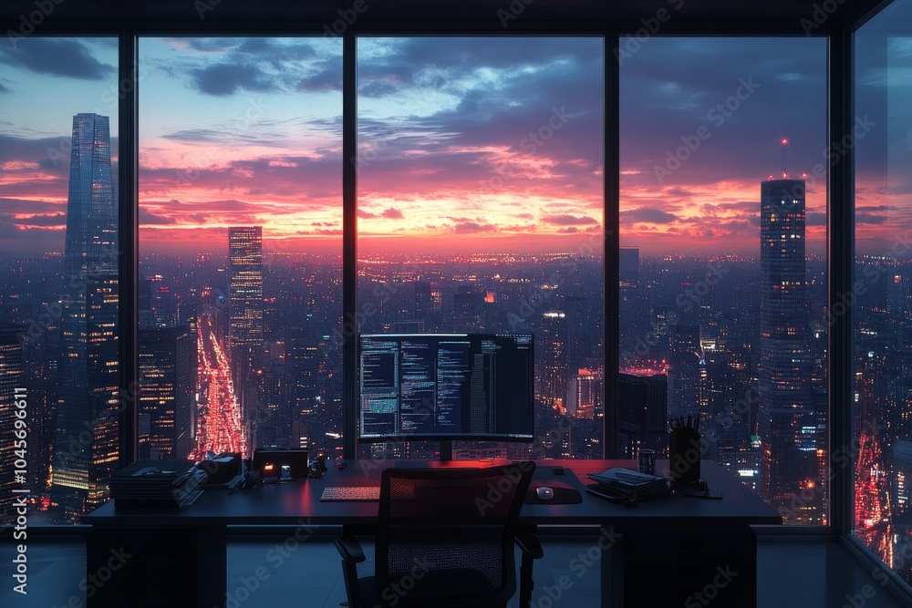 A modern office at night with a panoramic view of a city skyline illuminated by lights A modern office at night with a panoramic view of a city skyline illuminated by lights