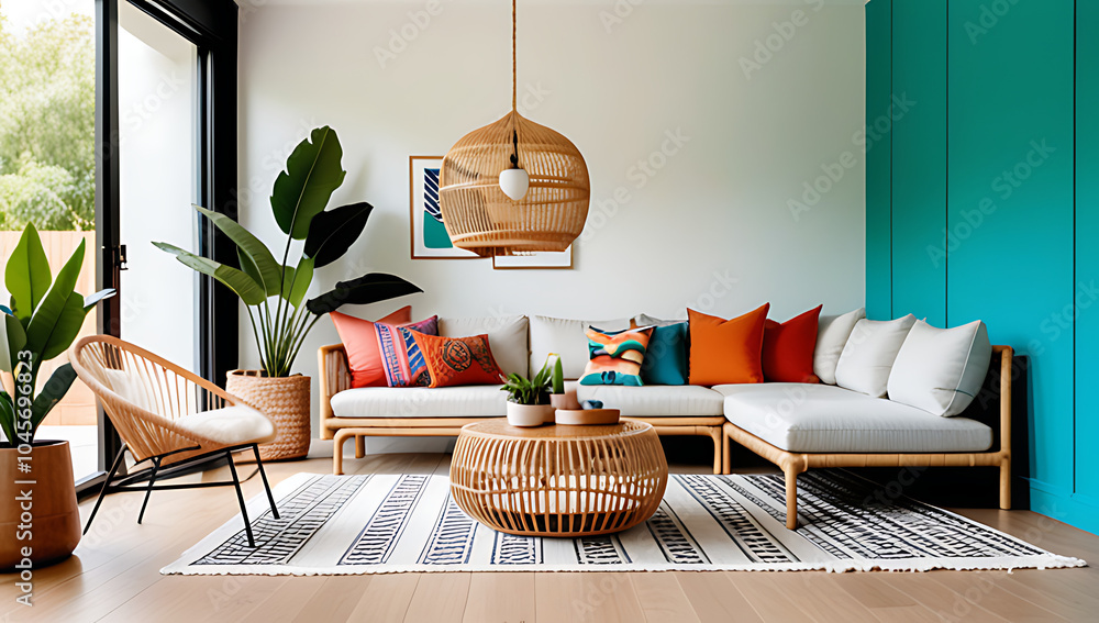 Fototapeta premium vibrant bohemian style combines wicker furniture modern elements cozy living space