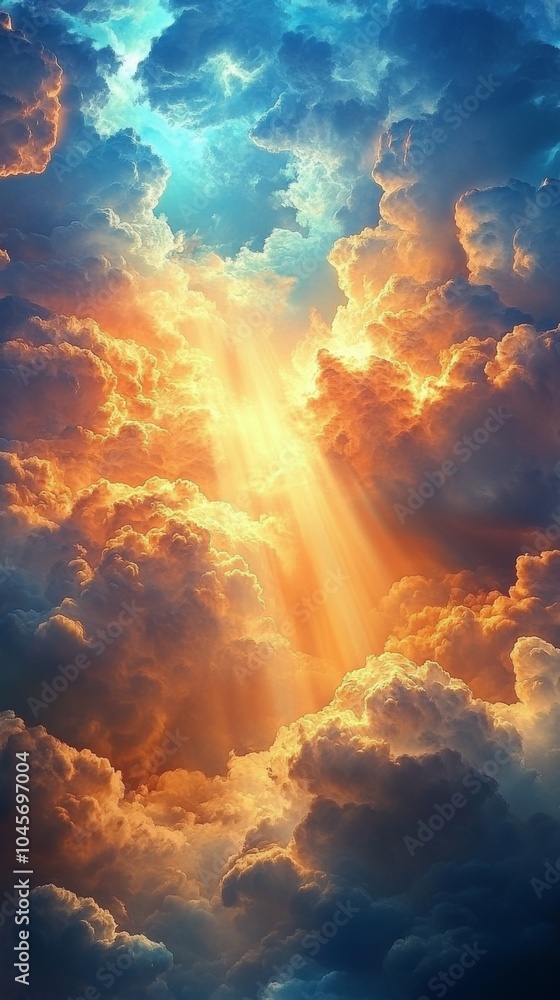 Fototapeta premium Radiant beams of sunlight breaking through dark storm clouds in a dramatic sky during the day