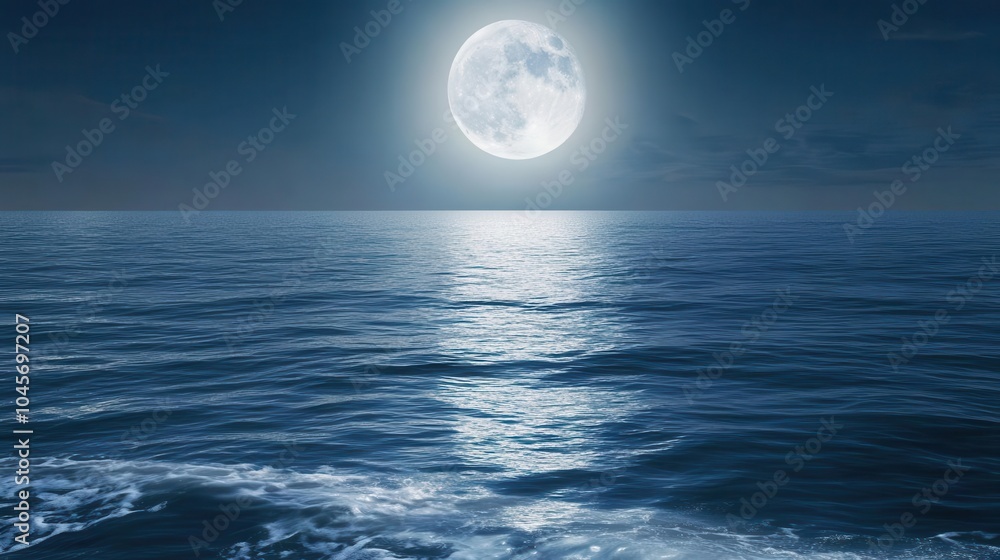 Soft silver moonlight reflecting on the surface of calm ocean waves, creating a peaceful and soothing nighttime seascape Soft silver moonlight reflecting on the surface of calm ocean waves, creating a peaceful and soothing nighttime seascape