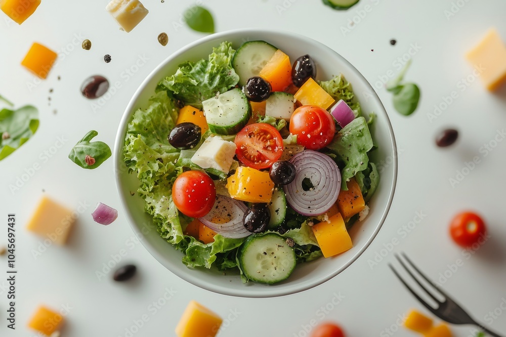 Fresh garden salad with vibrant ingredients flying in the air against a light background Fresh garden salad with vibrant ingredients flying in the air against a light background