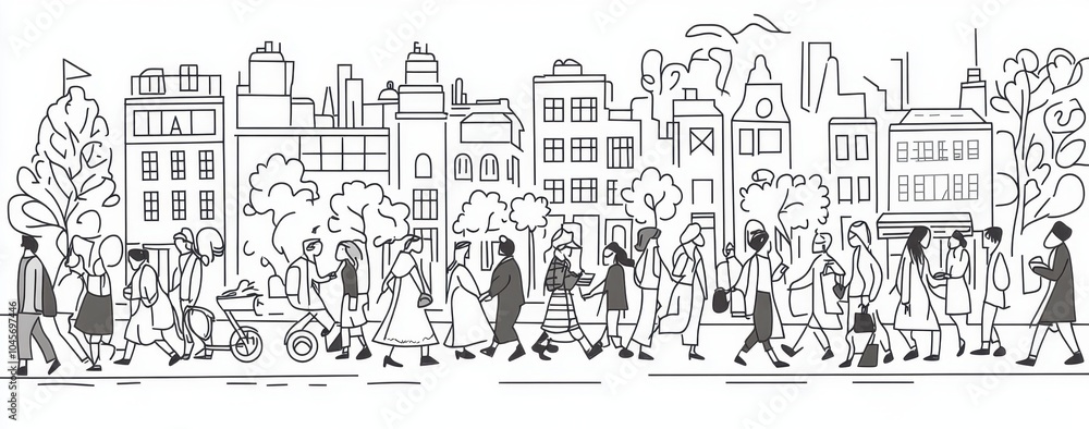 A black and white line drawing of people in the street, with simple lines and a flat design The crowd is walking on the streets, depicting a busy city life with diverse characters Generative AI A black and white line drawing of people in the street, with simple lines and a flat design The crowd is walking on the streets, depicting a busy city life with diverse characters Generative AI