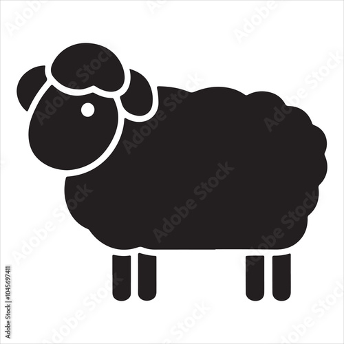Agricultural theme, illustration, farm, livestock animal, and black silhouette of a sheep standing. Isolated black silhouette on white background