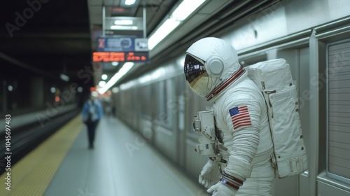 An astronaut stands in a subway station, juxtaposing space exploration with urban life in a surreal, thought-provoking scene.