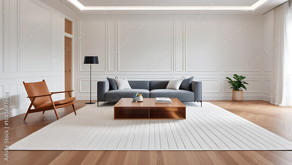 white paneling wood accents adorn empty room weave rug parquet floor complete rendered details white paneling wood accents adorn empty room weave rug parquet floor complete rendered details