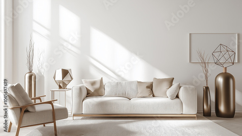 Modern minimalist white living room with beige and gold accents, perfect for home decor inspiration, interior design magazines, and luxury lifestyle content. photo