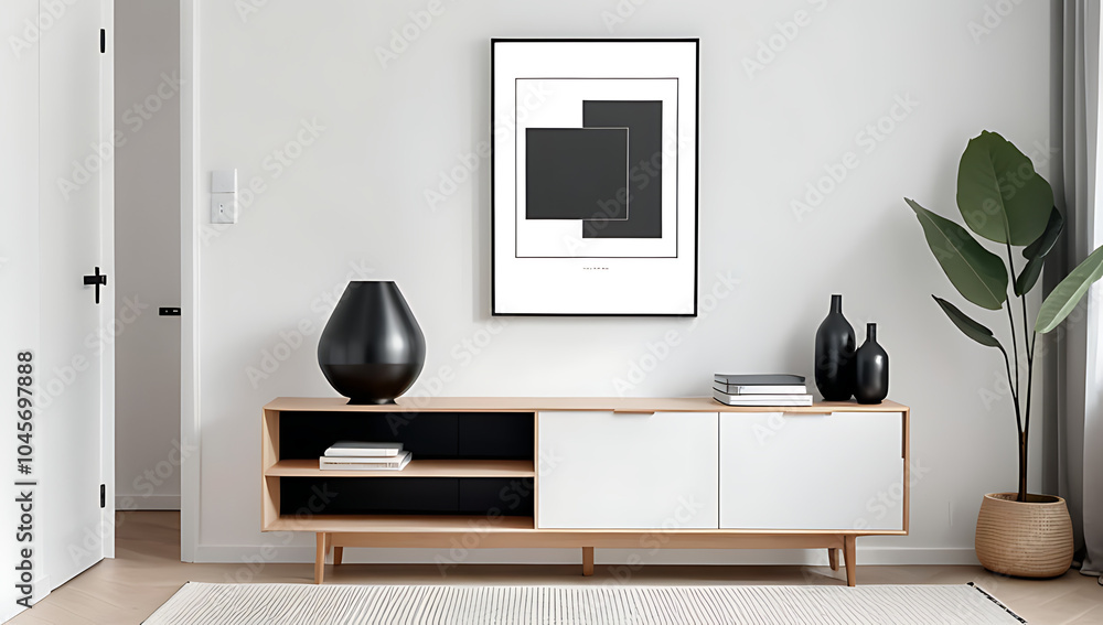 white wall features wooden cabinet book display near large poster modern scandinavian living room interior design white wall features wooden cabinet book display near large poster modern scandinavian living room interior design