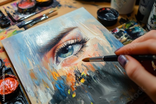 An artist captures a detailed eye in vibrant colors during the creative process at an art studio, surrounded by various paint palettes and brushes photo