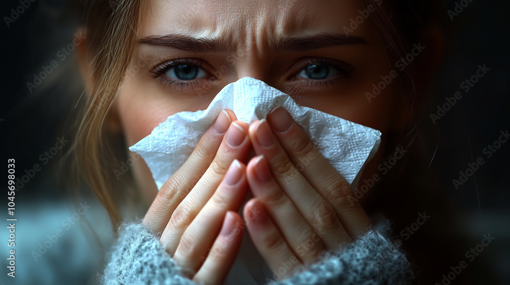 A young woman with blue eyes is holding a tissue close to her face, displaying signs of discomfort. The warm, cozy setting highlights her struggle with an apparent cold or allergy. A young woman with blue eyes is holding a tissue close to her face, displaying signs of discomfort. The warm, cozy setting highlights her struggle with an apparent cold or allergy.
