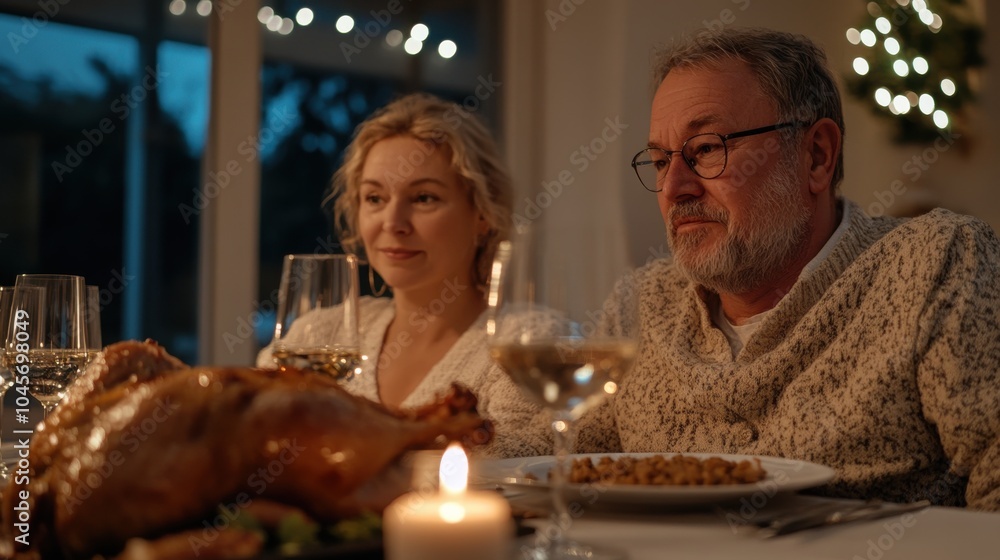 A couple enjoys an intimate meal, the glow of candlelight illuminating a beautifully roasted turkey, evoking warmth and festive family traditions. A couple enjoys an intimate meal, the glow of candlelight illuminating a beautifully roasted turkey, evoking warmth and festive family traditions.