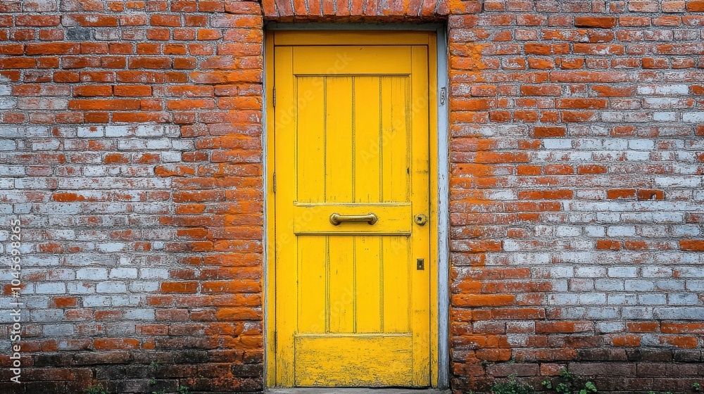 A bright yellow door stands against a rustic red-brick wall, showcasing weathered textures and inviting curiosity during daylight hours