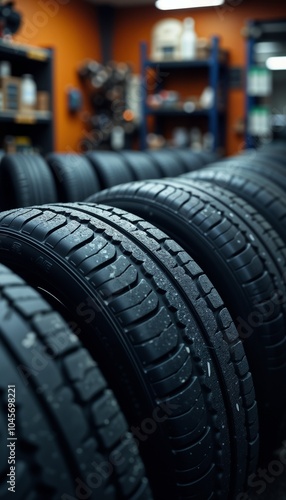 Close-up of stacked tires in a tire shop with tools and equipment in the background