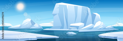Arctic landscape. Vector illustration of snowy Northern polar landscape with ocean, icebergs, glaciers, frozen mountains. Ice floating on cold deep water. Horizontal view. Panoramic cold nature