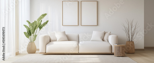 Minimalist white living room with natural wood accents, sunlight through curtains, modern Scandinavian-inspired furniture design for a cozy and serene home interior. photo