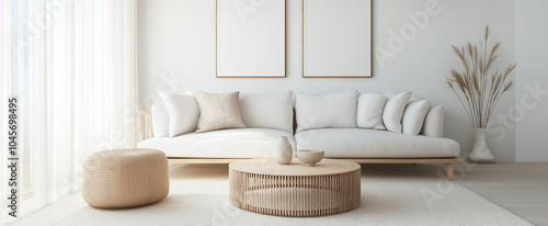 Minimalist white living room with natural wood accents, sunlight through curtains, modern Scandinavian-inspired furniture design for a cozy and serene home interior. photo