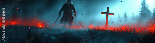 A lone knight walks away from a burning cross under the dark, eerie sky