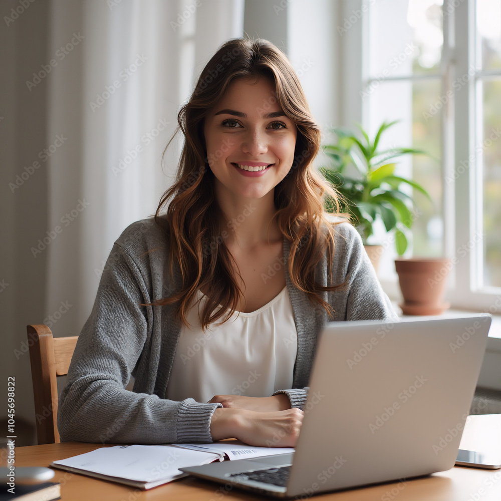 A young, professional woman sitting at a wooden desk with a laptop in front of her.