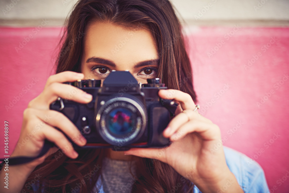 Outdoor, woman and serious with digital camera for photography, memories and adventure. Female person, portrait and confident as photographer in city with skill, talent or career for artistic project Outdoor, woman and serious with digital camera for photography, memories and adventure. Female person, portrait and confident as photographer in city with skill, talent or career for artistic project