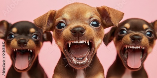 Three playful puppies with open mouths showcase their tiny teeth while posing against a bright pink background, capturing an adorable and energetic moment in a studio setting