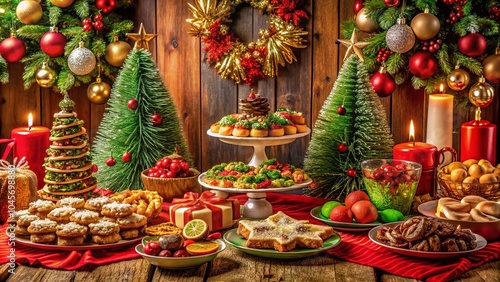 Festive Christmas Tinsel Decorated Food Table with Delicious Treats and Bright Colors