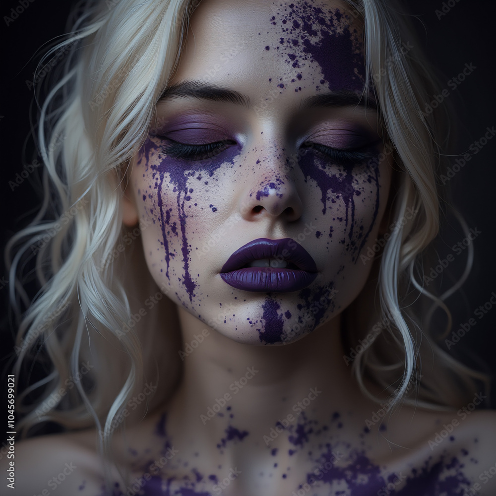 Close-up portrait of a young woman with deep purple ink dripping on her face and makeup smudges. Close-up portrait of a young woman with deep purple ink dripping on her face and makeup smudges.