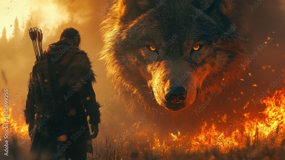 A lone figure stands before a fierce wolf amidst a fiery landscape, the wolf's eyes glowing with intensity. A lone figure stands before a fierce wolf amidst a fiery landscape, the wolf's eyes glowing with intensity.