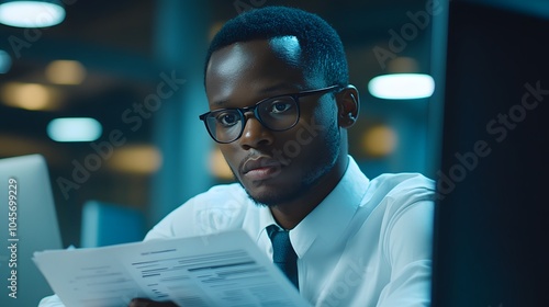 Focused Black male professional reviewing documents in a modern office setting.