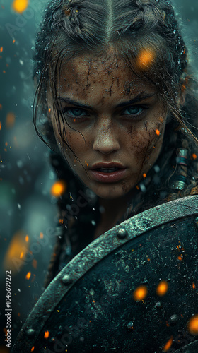 A determined Viking shield maiden charges into battle, her shield raised high. 