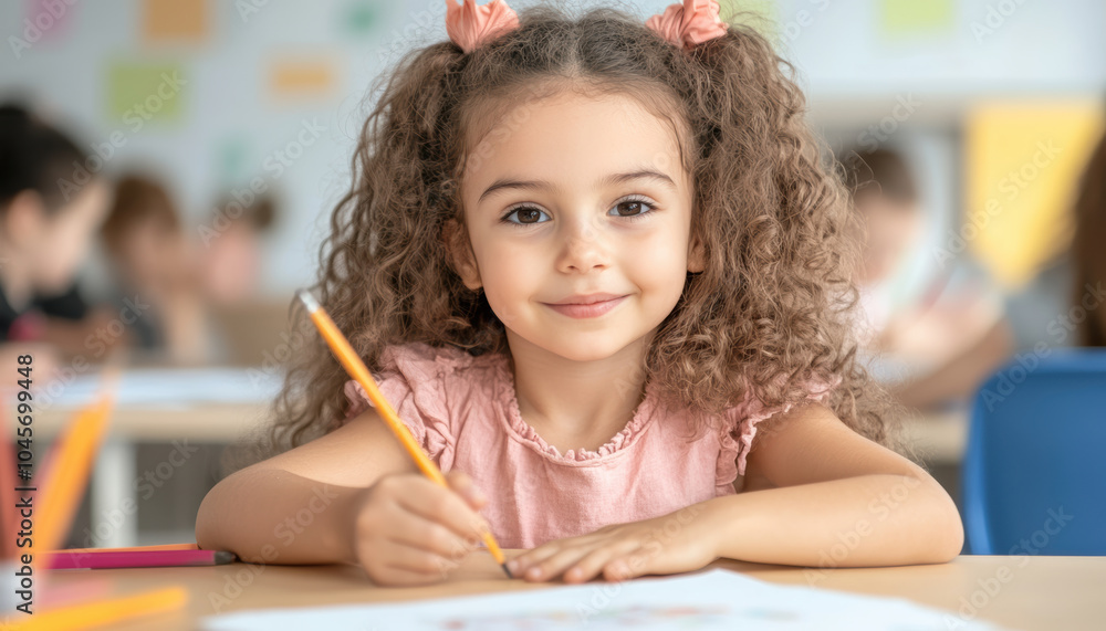 young girl with curly hair smiles while drawing in art class, showcasing her creativity and joy. vibrant classroom setting enhances cheerful atmosphere young girl with curly hair smiles while drawing in art class, showcasing her creativity and joy. vibrant classroom setting enhances cheerful atmosphere