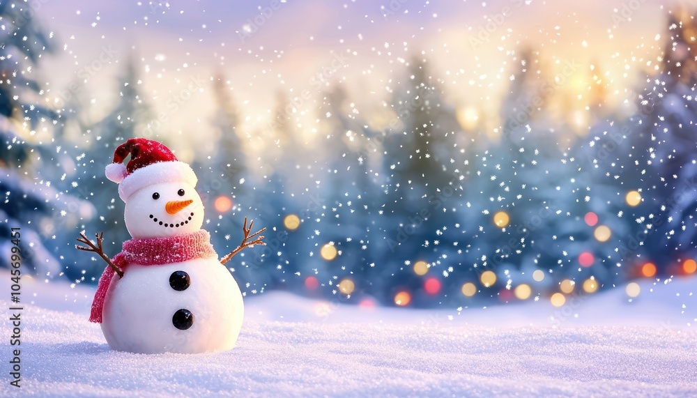 A delighted snowman in a vast snowy field, with vibrant holiday lights illuminating tall, snow-draped evergreens in the background. A delighted snowman in a vast snowy field, with vibrant holiday lights illuminating tall, snow-draped evergreens in the background.