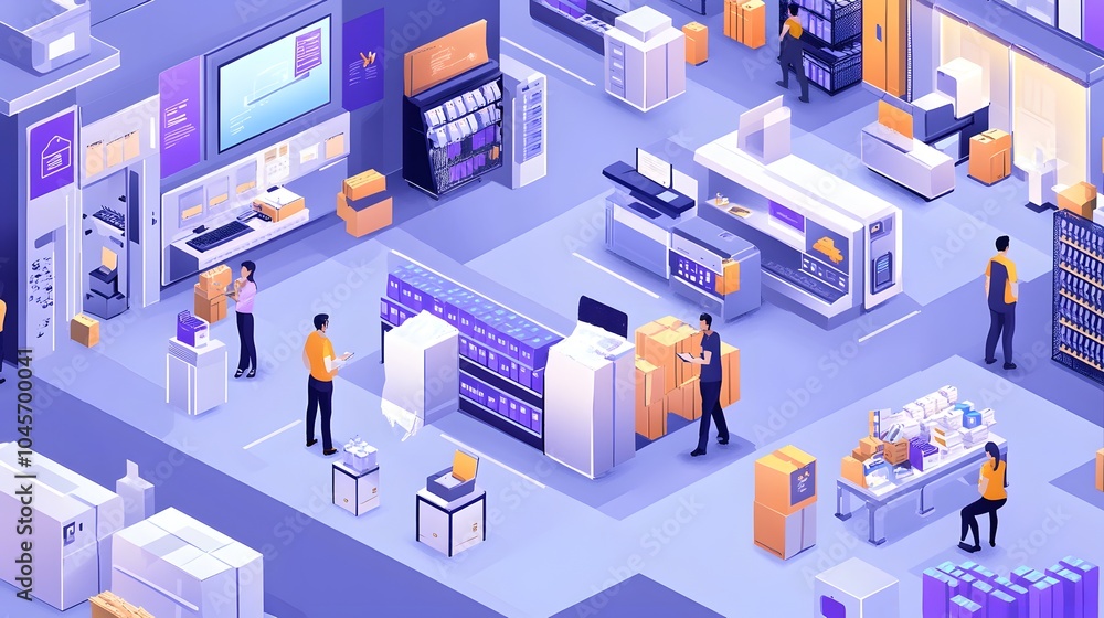 A busy warehouse scene with diverse workers organizing packages and inventory. A busy warehouse scene with diverse workers organizing packages and inventory.