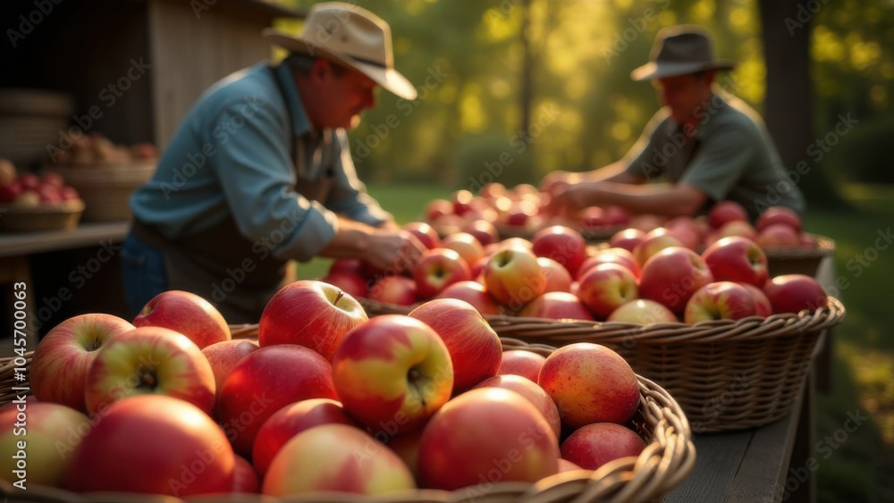Farmers sorting freshly harvested apples at sunset in orchard Farmers sorting freshly harvested apples at sunset in orchard