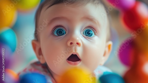 Curious baby exploring colorful toys indoors with wide eyes during a playful moment