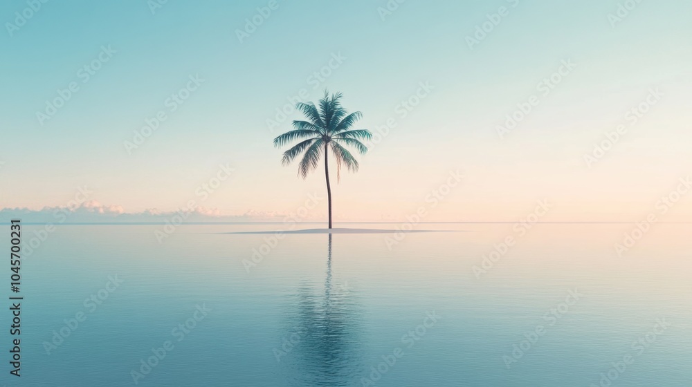 The tranquil scene captures a minimalist tropical island with a single palm tree reflecting in calm waters, bathed in soft sunset light. Generative AI The tranquil scene captures a minimalist tropical island with a single palm tree reflecting in calm waters, bathed in soft sunset light. Generative AI