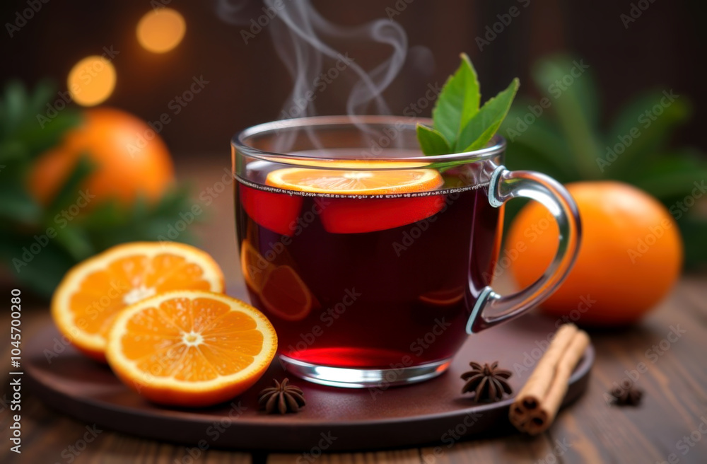 Steaming mug of mulled wine with oranges and spices on rustic wooden table Steaming mug of mulled wine with oranges and spices on rustic wooden table