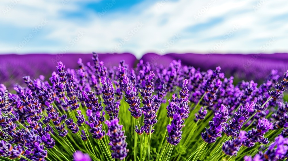 Fototapeta premium Vibrant lavender field under a clear blue sky, showcasing nature's beauty.