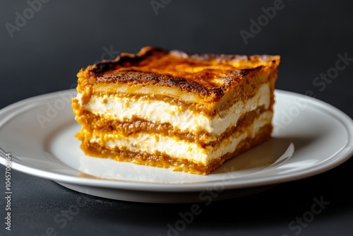 Rich layers of pumpkin lasagna with béchamel and cheese invite indulgence on a white plate, offering comfort and warmth in each golden bite.