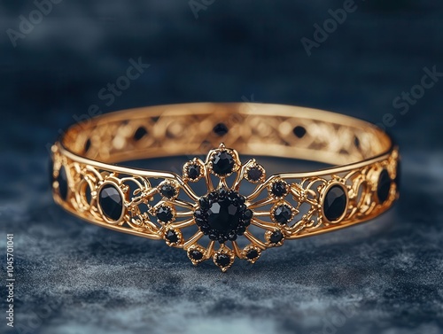 Elegant gold bracelet with diamond spiders and gemstone webs for Halloween, spooky bracelet design, chic Halloween jewelry photo