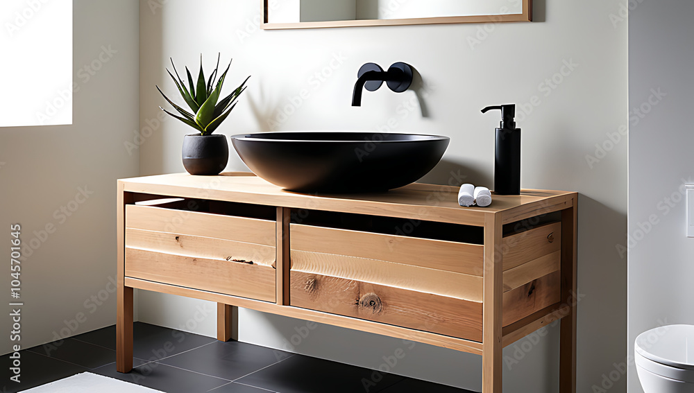 wooden washstand modern minimalist bathroom design rustic feel sleek black vessel basin wooden washstand modern minimalist bathroom design rustic feel sleek black vessel basin