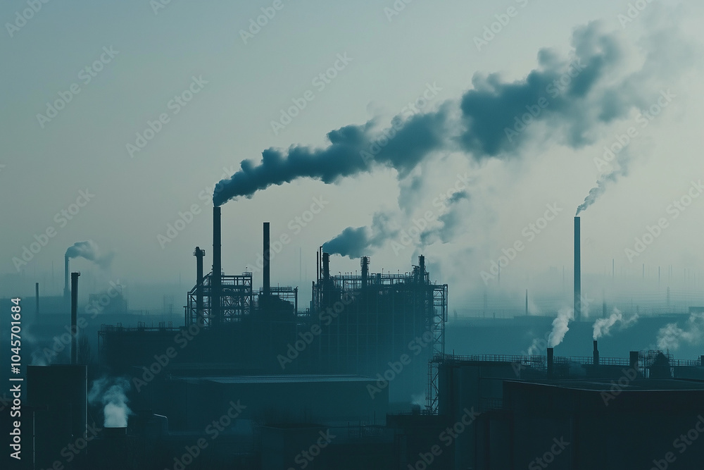 Chimney smoke rising from an industrial plant at sunset, casting a silhouette against the sky, highlighting pollution and energy production