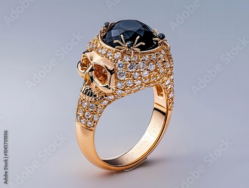 Gold and diamond skull ring with gemstone spider accents for Halloween, skull ring jewelry, luxury spooky design photo