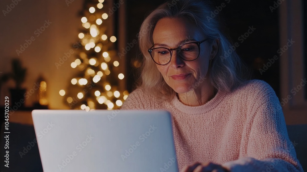 A joyful older woman engages with her laptop, bathed in warm evening light, with festive holiday decor in the backdrop. A joyful older woman engages with her laptop, bathed in warm evening light, with festive holiday decor in the backdrop.