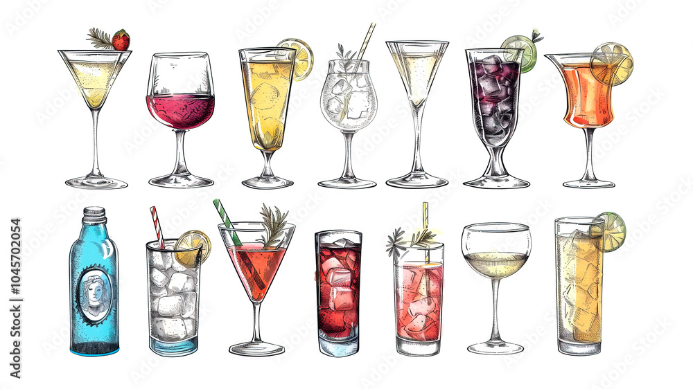 This collection showcases a diverse assortment of alcoholic beverages, including cocktails, wines, and beers, designed for creative and graphic projects, perfect for enhancing visual content This collection showcases a diverse assortment of alcoholic beverages, including cocktails, wines, and beers, designed for creative and graphic projects, perfect for enhancing visual content